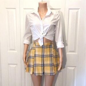 SO Juniors Gold/Navy Blue Plaid High Rise Pleated Flare Mini Skirt